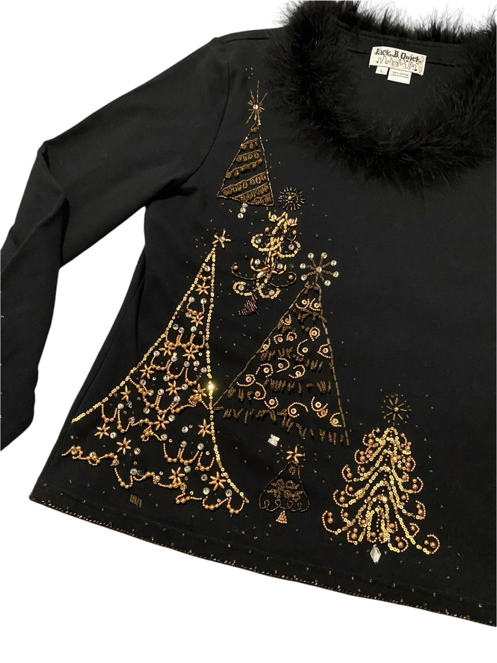 Jack B Quick Black Christmas Top L Beaded Sequin Faux Fur Holiday Trees - Picture 5 of 8